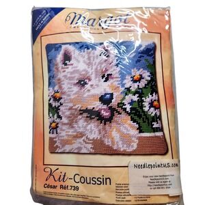 Margot Creations White Yorkie Dog Needlepoint Kit Terrier Daisy Pillow NEW Cesar